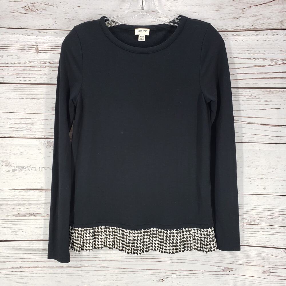 J.CREW Black Knit Long Sleeve Houndstooth Ruffle Hem Top Size XXS